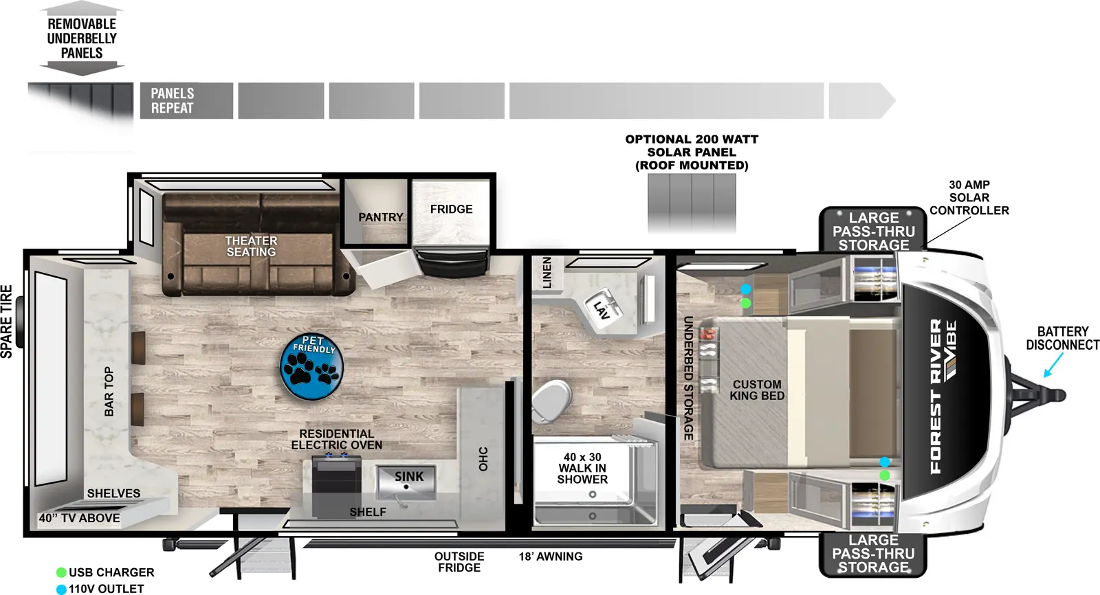 The Vibe 2400RB floorplan has two entries and one slide out. Exterior features include: fiberglass exterior and 18' awning. Interiors features include: front bedroom and pass through bathroom.